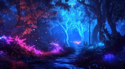 Enchanting Forest Path Illuminated by Ethereal Blue and Pink Lights