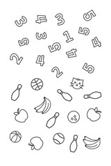 Set of numbers and objects to match are scattered across a page. Preschool education, kindergarten worksheet, color book vector illustration.