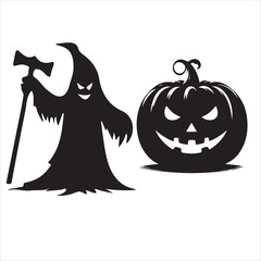 Halloween vector, and Jack-o'-lantern, Ghost, Bat, Black Cat, Spider Web, Witch Hat, Moon and Stars, Skeleton, Vampire, Zombie