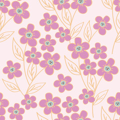 Seamless floral pattern with pink and blue flowers on a white background, hand painted in watercolor.