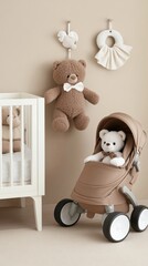 A beautifully arranged nursery features a crib, stroller, and teddy bears, inviting a warm and comforting atmosphere for a child's early moments