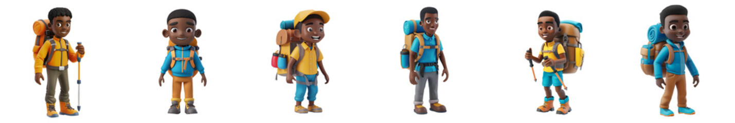 Black man mascot hiking, 3D cartoon illustration, isolated on transparent background, cute animated style, beautiful colors generative ai.