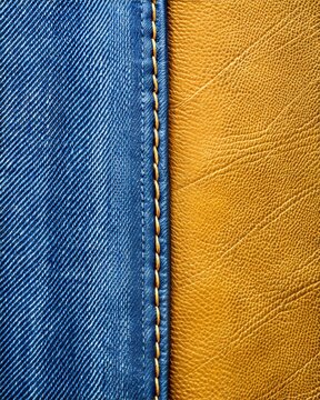Textured fabric close-up showcasing jeans and leather in vibrant colors with detailed stitching and smooth surface. Generative AI