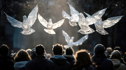 birds that represent fake news fly over a crowd of people