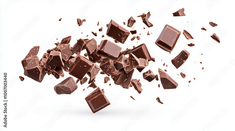 Poster chocolate pieces scatter in mid-air against a white background creating an enticing display of textu