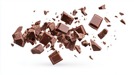 Chocolate pieces scatter in mid-air against a white background creating an enticing display of texture and richness