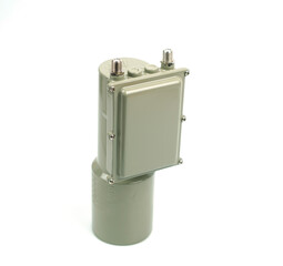 C band LNB head for satellite dish, separate on white background, for satellite TV reception and rebroadcast.