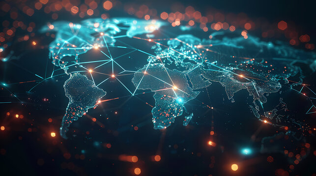 a world map with a lot of lights around it in the dark night time, with a blue and orange background, Enguerrand Quarton, neoism, redshift render, a 3D render