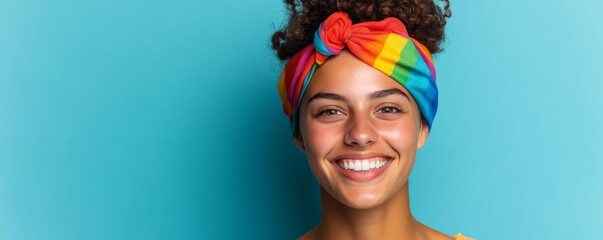 LGBTQ individual with a rainbow bandana, smiling brightly, concept of pride and authenticity