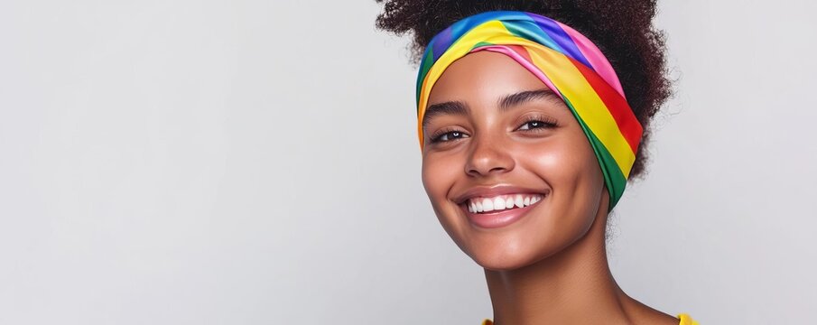 LGBTQ individual with a rainbow bandana, smiling brightly, concept of pride and authenticity