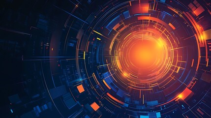 Fototapeta premium Abstract digital background with glowing orange circle in center.