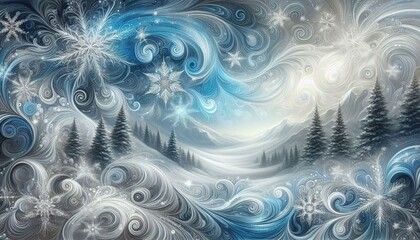 winter composition with decorative patterns on the background of snow-covered trees in the mountains