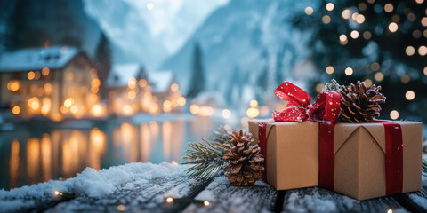 Wrapped christmas presents adorned with pine cones and snow sit on a porch overlooking a cozy village illuminated for the holidays