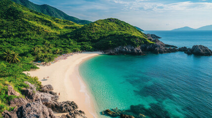 Obraz premium A secluded beach in Vietnam with crystal-clear waters, white sand, and lush green hillsides framing the serene coastline