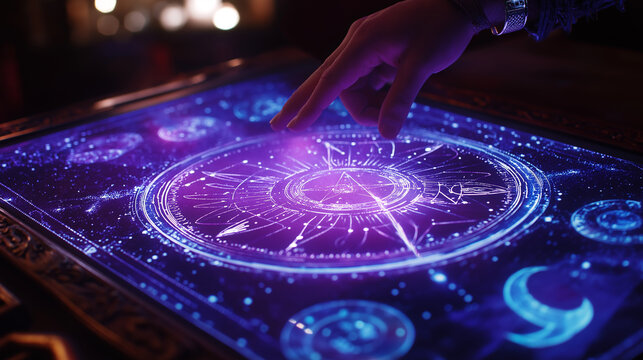 An astrologer is thinking about an astrological natal chart. Astrologer's hands.
