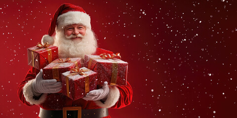 Santa claus stands in front of a vibrant red background, holding christmas presents as snowflakes fall around him, evoking holiday magic and joy
