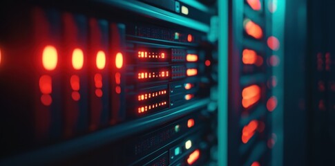 Naklejka premium close-up view on server rack with data and connection lights in dark room background, abstract blurred banner for web design or graphic presentation