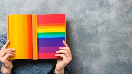 LGBTQ youth reading a book with rainbow bookmarks, concept of knowledge and identity