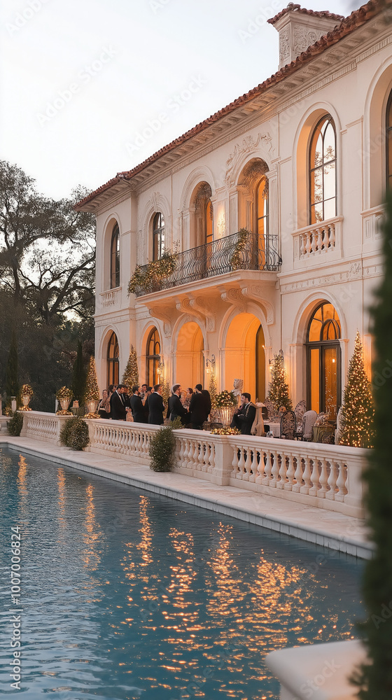 Wall mural elegant winter pool party at sunset, showcasing guests mingling by the water, surrounded by Christmas trees and fairy lights, providing a warm and inviting smartphone wallpaper