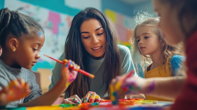 Engaged teacher guiding diverse young children in creative art activity at a vibrant classroom setting