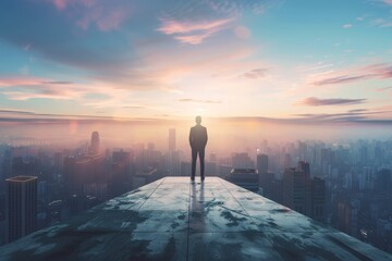 Fototapeta premium Businessman contemplating success on rooftop with city skyline view under clear sky