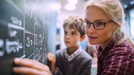 Teacher guiding student in classroom solving math problem on blackboard fostering learning and engagement in educational setting