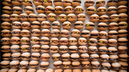 A large tray of ma'amoul cookies, filled with dates, pistachios, and walnuts, dusted with powdered sugar.
