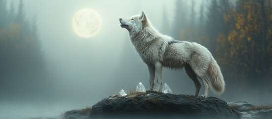 Wolf Howling at the Moon in a Foggy Forest