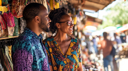 Obraz premium Couple shopping together at a bustling marketplace, searching for unique items to add to their collection