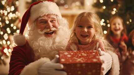 Santa Claus shares a magical moment with children by the Christmas tree, spreading joy and warmth during the festive season