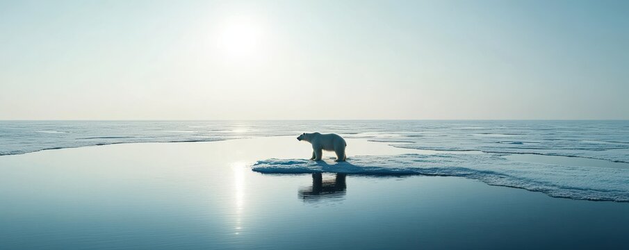 Polar bear on isolated ice floe in serene Arctic landscape, reflecting climate change and solitude