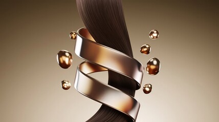 Elegant 3D Render of Glossy Hair Strand Wrapped in Golden Liquid with Droplets on a Gradient Beige Background