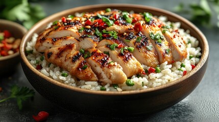 Grilled Chicken Breast with Rice and Chili Peppers