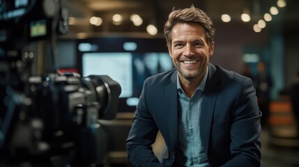 Confident professional in a business suit smiling warmly in a modern office environment with a blurred background, embodying corporate confidence and success