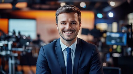Obraz premium Confident male news anchor in a professional studio setting with vibrant background and camera equipment for media production