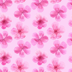 Watercolour pink delicate flowers illustration seamless pattern. On pink background. Hand painted floral flower. Drawn Botanical. Summer, spring vibes print. For fabric, wallpaper, wrapping.