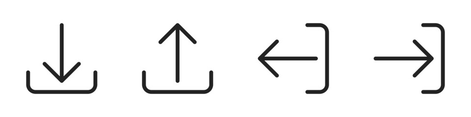 Download, exit, upload and login lined black isolated illustration set for UI. Vector icons in flat style