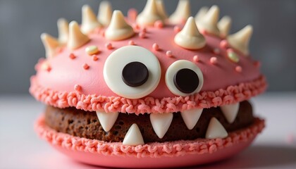 A whimsical monster cake features bright pink icing, chocolate cake, and fun decorations