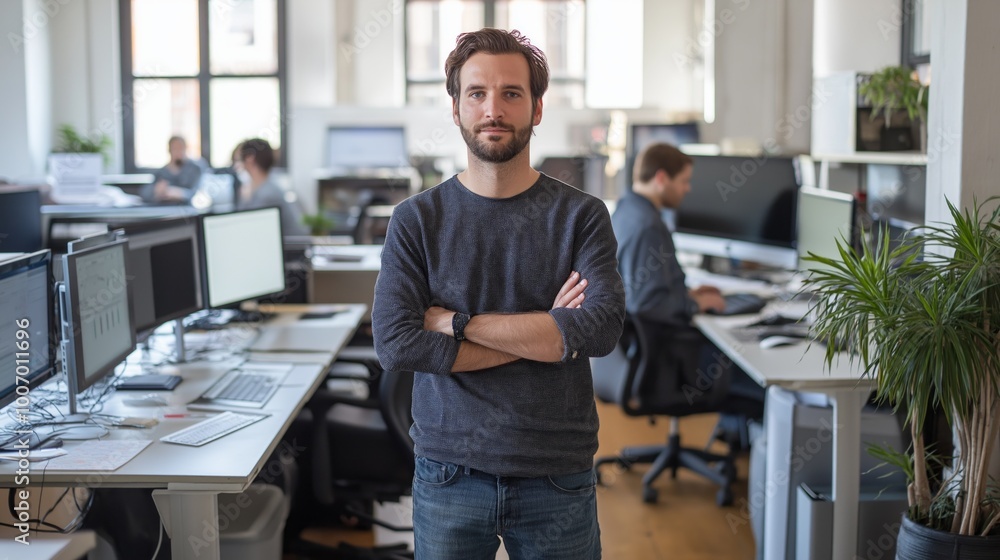 Poster augmented reality developer working in a modern office environment