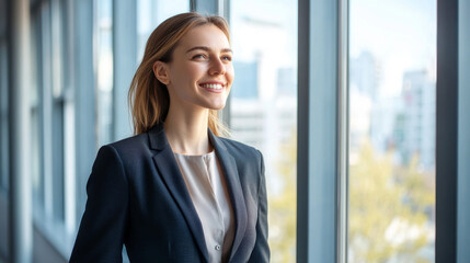 Fototapeta premium Smiling business woman in a sharp suit standing confidently in a modern office with large windows overlooking the city