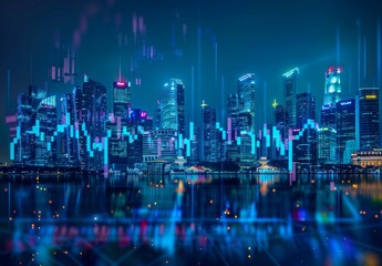 A dynamic stock market graph in digital blue, with the Singapore skyline in the background, representing innovation and growth in financial technology. The city lights reflect off buildings across Asi