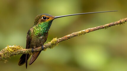 Fototapeta premium Sword-billed Hummingbird Perched On A Branch In Nature, Photo Realistic, Wallpaper, Cover and Screen for Smartphone, PC, Laptop, 9:16 and 16:9 Format