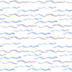 Fototapeta premium Horizontal ripples blue lines in watercolor seamless pattern isolated. Wave simple texture in cartoon style for kids design. Curvy lines pale blue hand drawn repeated marine background for design.