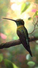 Fototapeta premium Sword-billed Hummingbird Perched On A Branch In Nature, Photo Realistic, Wallpaper, Cover and Screen for Smartphone, PC, Laptop, 9:16 and 16:9 Format