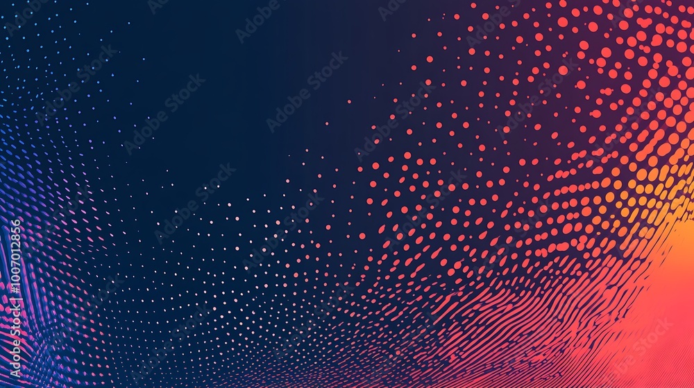 Poster abstract background with a gradient of red, orange, and yellow dots on a dark blue background.