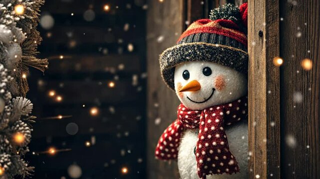 Adorable snowman with red polka dot scarf and warm hat stands in cozy, wooden environment. warm bokeh lights create magical winter atmosphere. Christmas and New year static shot, falling snow