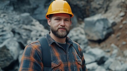 Modern miner working in a rugged environment wearing a helmet, showcasing resilience and dedication
