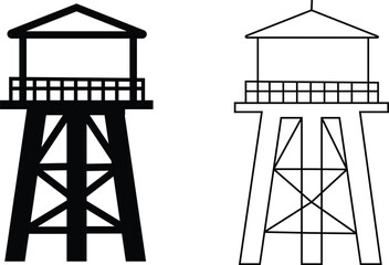 Water Tower Silhouette icons set. Water Tank black flat and line vector design isolated on transparent background. Collection of various water storage tanks. Industrial high of metal construction.