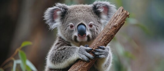 Fototapeta premium A cute koala bear holding onto a tree branch with its paws.