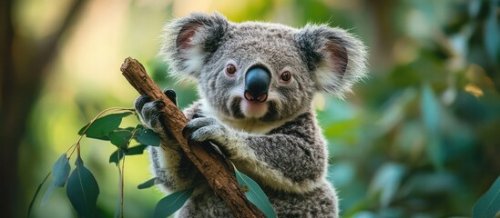 Fototapeta premium A cute koala bear is sitting on a branch in a tree, looking at the camera with a curious expression.